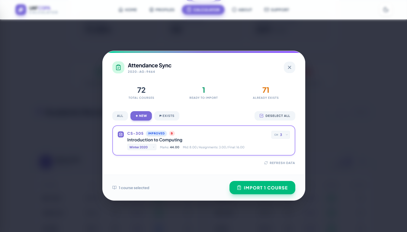 UAF CGPA Calculator automatic result fetching from LMS UAF — syncs semester grades and credit hours from University of Agriculture Faisalabad LMS portal using registration number