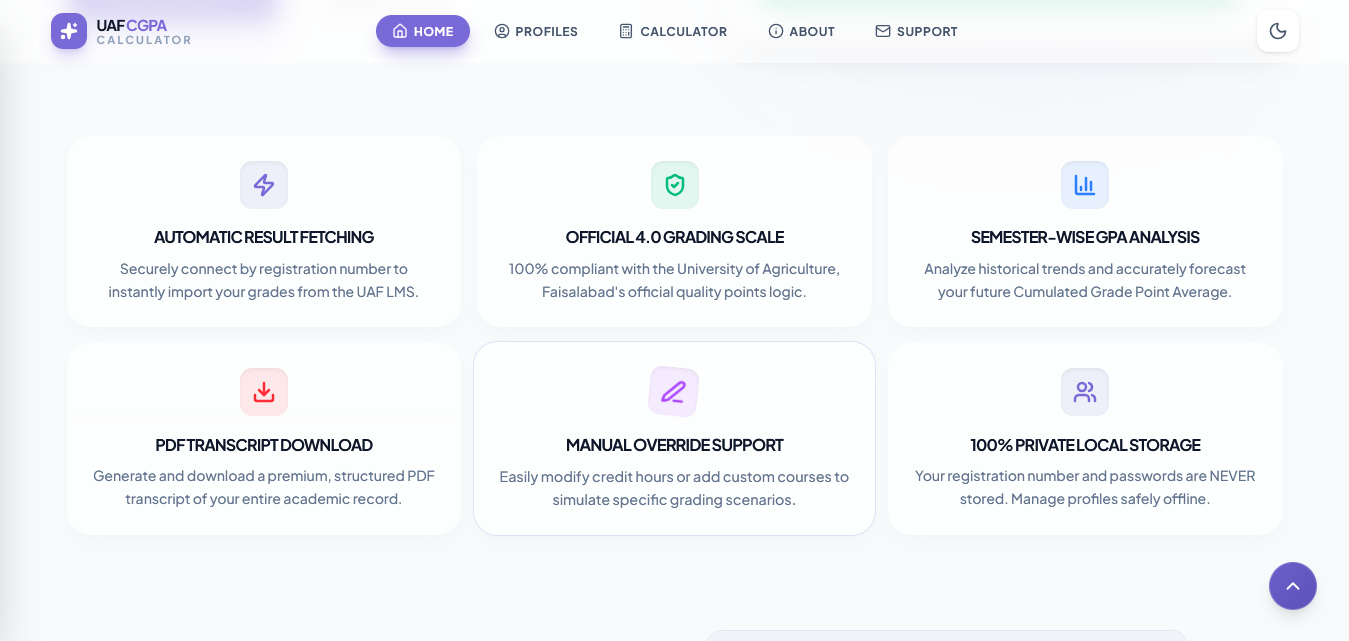 Key features of UAF CGPA Calculator including PDF export, dark mode, and prediction tool