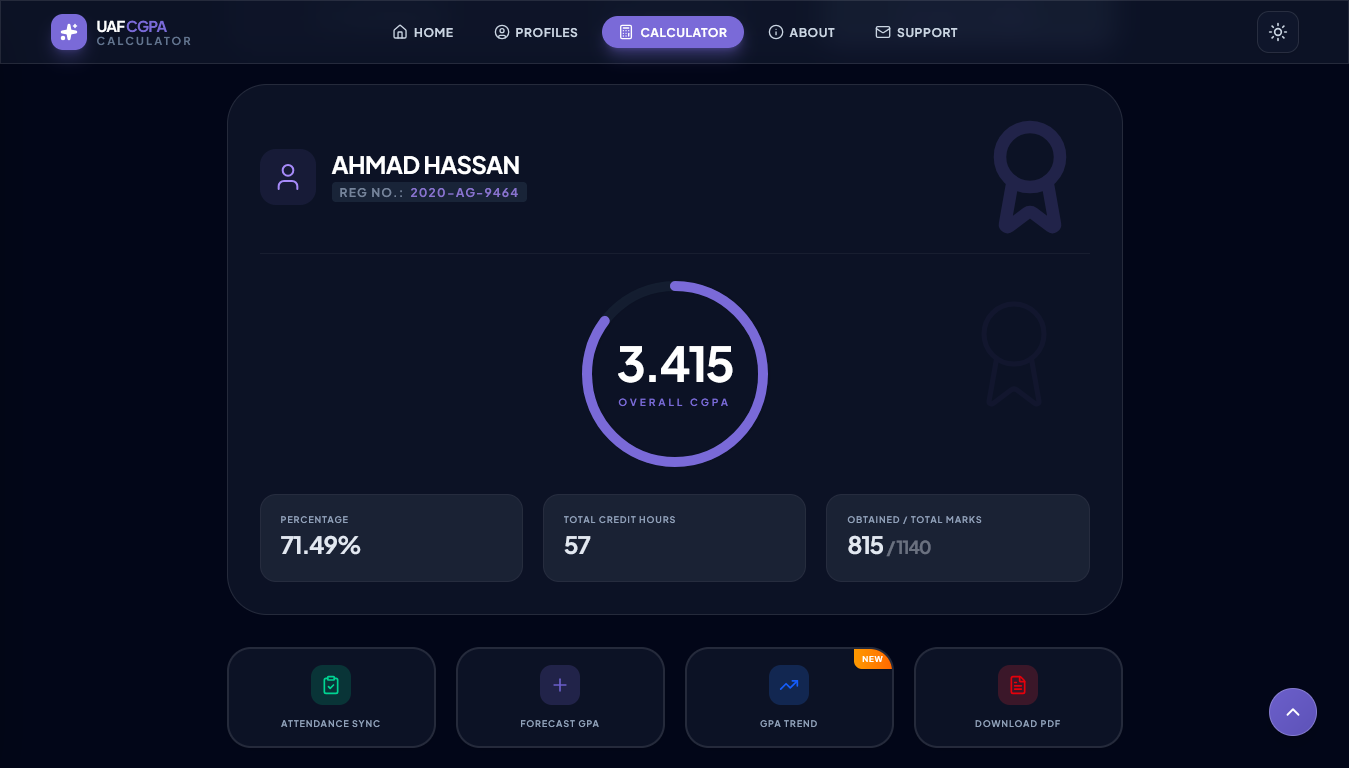 UAF CGPA Calculator dark mode interface — night-friendly CGPA calculator with LMS UAF integration for University of Agriculture Faisalabad students